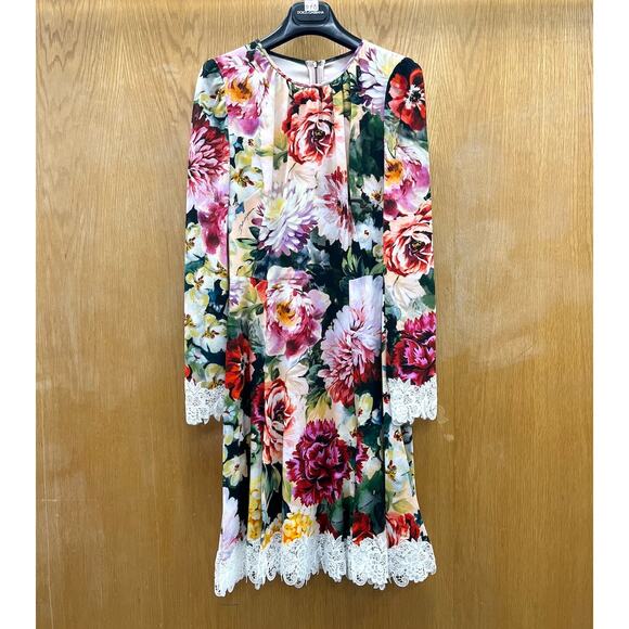 NWT Dolce & Gabbana Lace Trimmed Floral Crepe Mini Dress Multi IT 42 / M - Picture 9 of 11
